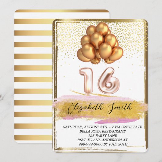 Goldene Eleganz, Einladung von 16 . Geburtstag (Vorne/Hinten)