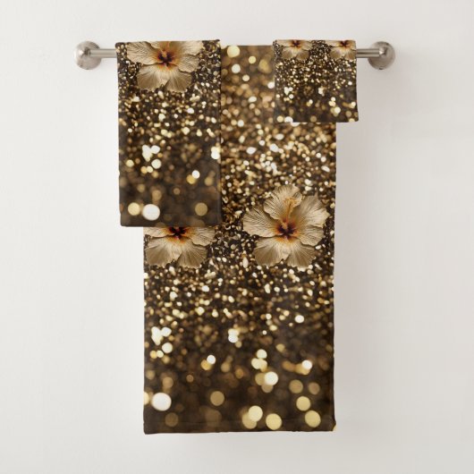 Goldene Eleganz: Goldener Hibiskus-Shimmer Badhandtuch Set (Insitu)