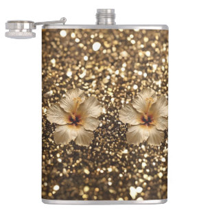 Goldene Eleganz: Goldener Hibiskus-Shimmer Flachmann