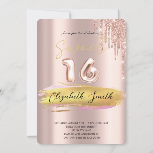 Goldene Eleganz, Rose Gold 16 . Geburtstag Invitat Einladung (Vorderseite)