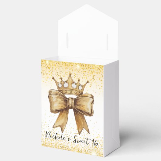 Goldene Eleganz: Sweet 16 Crown & Bow Glitzer Geschenkschachtel (Geöffnet)