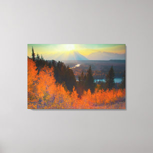Goldene Espen oberhalb des Snake River bei Sonnenu Leinwanddruck