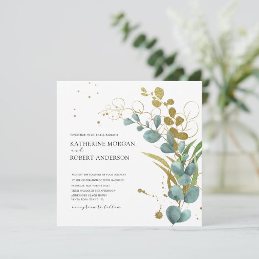 Goldene Eukalyptus-Blätter Einladung Hochzeit (Stehend Vorderseite)