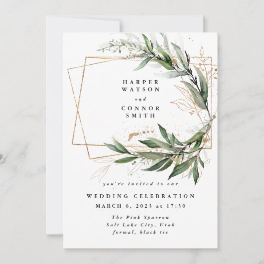 Goldene Eukalyptus Elegante Grüne Moss Einladung (Vorderseite)