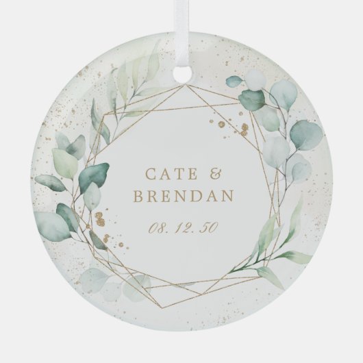 Goldene Eukalyptus-Grüne neu verheiratet Ornament Aus Glas (Vorderseite)