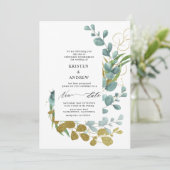 Goldene Eukalyptus Grüne Neue Hochzeit Einladung (Stehend Vorderseite)