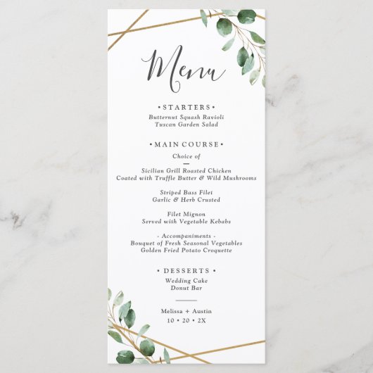 Goldene Eukalyptus-Hochzeit Menükarte (Vorderseite)