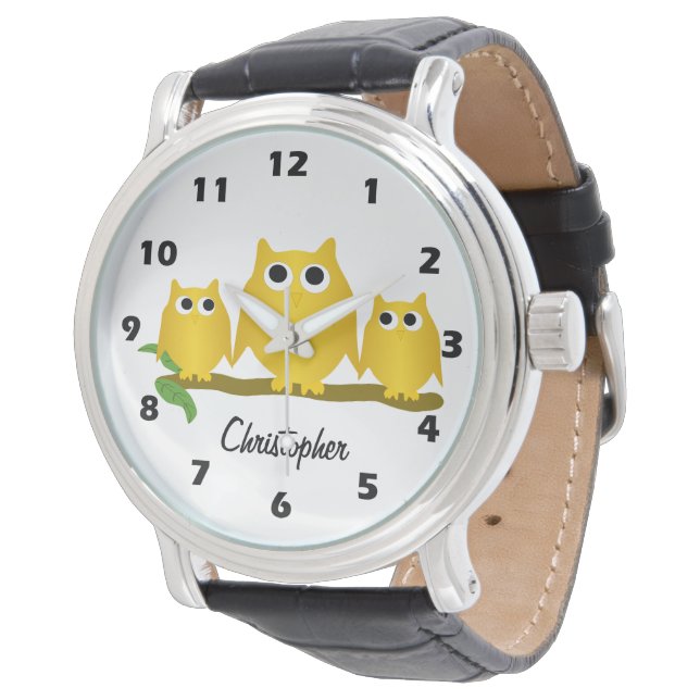 Goldene Eulen Design personalisiert Armbanduhr (Schrägansicht)