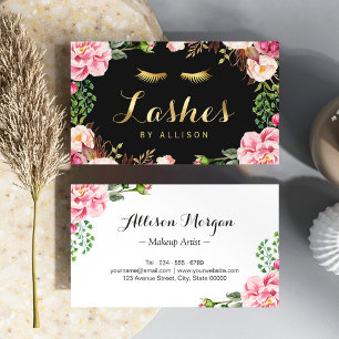 Goldene Eyelashes Makeup Artist Pink Floral Visitenkarte