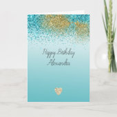 Goldene falsche Glitter-Aqua-Herz-Geburtstag Karte (Vorderseite)