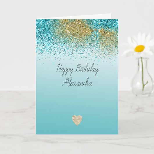 Goldene falsche Glitter-Aqua-Herz-Geburtstag Karte (Kleine Pflanze)