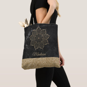 Goldene falsche Glitter-Mandala auf schwarzem Marm Tasche