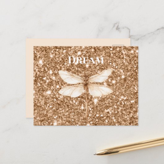 Goldene falsche Glitter Weiße Libelle Postkarte (Vorderseite/Rückseite Beispiel)