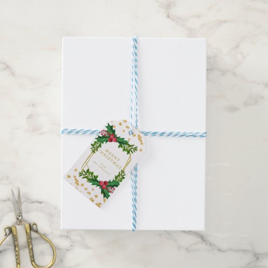 Goldene Familie Frohe Weihnachten Holly Glitzer Geschenkanhänger (Mit Garn)