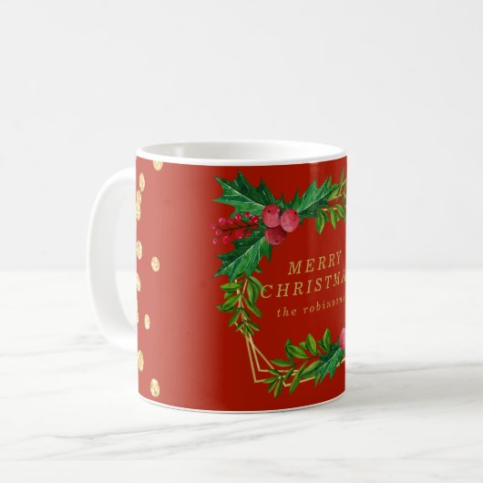 Goldene Familie Frohe Weihnachten Holly Glitzer Kaffeetasse (Vorderseite Links)
