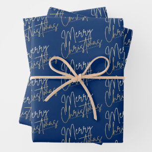 Goldene Faux-Folie Frohe Weihnachten Blau Geschenkpapier Set