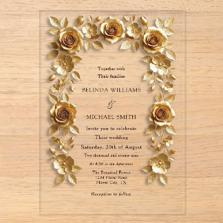Goldene Faux-Relief-Rosen Rahmen Hochzeit Transpar Acryleinladungen