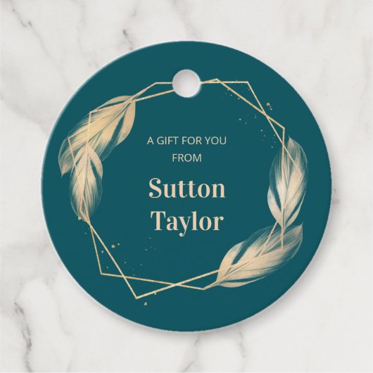 Goldene Federn auf Aquamarin Geschenkanhänger (Vorderseite)