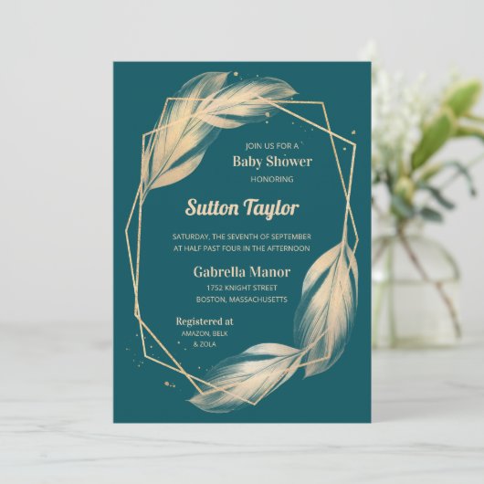 Goldene Federn auf Aquamariner Babydusche Einladung (Stehend Vorderseite)