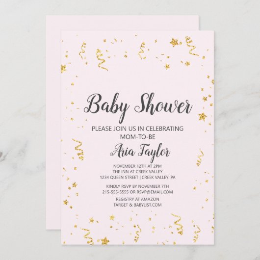 Goldene Feier auf der Pink Calligraphy Baby Dusche Einladung (Vorne/Hinten)