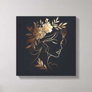 Goldene feminine Linienkunst-Porträt mit floraler  Leinwanddruck