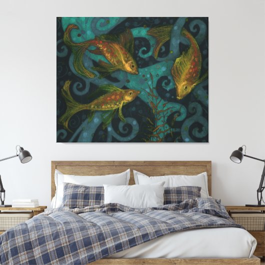 Goldene Fische, Schwarz & Aquamarin, Unterwasserka Leinwanddruck (Insitu (Schlafzimmer))