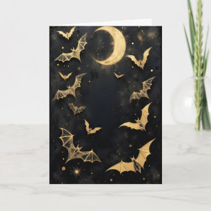 Goldene Fledermäuse und Halbmond Halloween Feiertagskarte