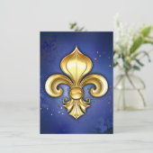 Goldene Fleur de Lis auf Blau Einladung (Stehend Vorderseite)
