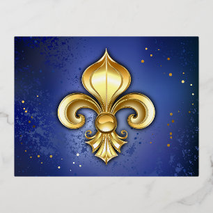 Goldene Fleur de Lis auf Blau Folie Einladungspostkarte