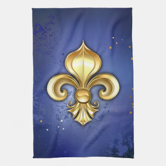 Goldene Fleur de Lis auf Blau Geschirrtuch (Vertikal)
