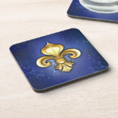 Goldene Fleur de Lis auf Blau Getränkeuntersetzer (Linke Seite)