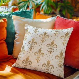 Goldene Fleur-de-Lis-Nahtlosmuster auf Weiß Kissen