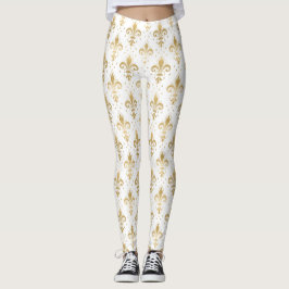 Goldene Fleur-de-lis-Nahtlosmuster auf Weiß Leggings