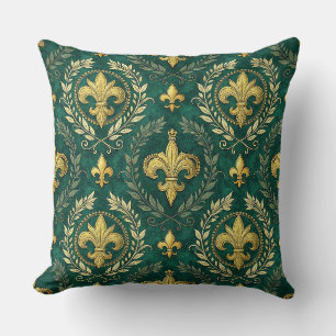 Goldene Fleur-de-lis Smaragdgrün Damast Muster Kun Kissen