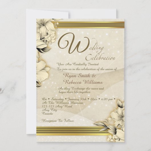 Goldene Florale Flachkarte Einladung (Vorderseite)