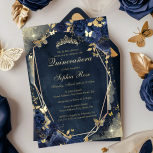 Goldene Florale Glitzerschmetterling Navy Quincean Folieneinladung