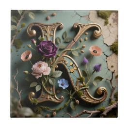 Goldene florale Patina-Initiale K Fliese