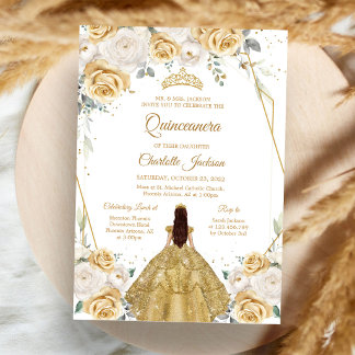 Goldene Florale Quinceanera-Einladung Einladung