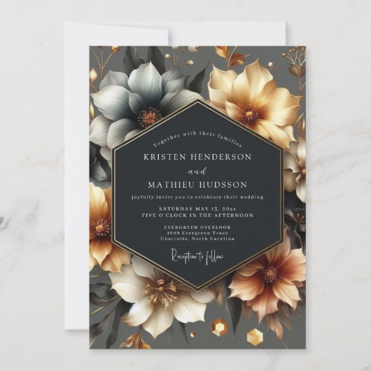 Goldene Florale Romanze Hochzeit Einladung (Vorderseite)