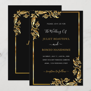 Goldene Florale Schwarz-Goldene Hochzeitseinladung