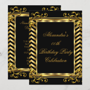 Goldene Florale Schwarze Chevron Elegante Geburtst Einladung