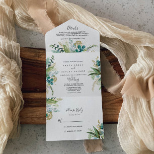 Goldene florale tropische Grünpflanzen-Hochzeit   All In One Einladung