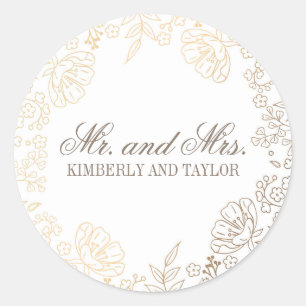 Goldene Florale Weiße Vintage-Hochzeitsmonogramm Runder Aufkleber