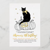 Goldene Fohlen Schwarze Katze Halloween Geburtstag Folieneinladung (Vorderseite)