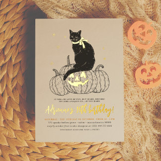 Goldene Fohlen Schwarze Katze Halloween Geburtstag Folieneinladung