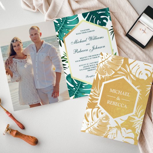 Goldene Foil Aquamarin Monstera Hochzeit Einladung