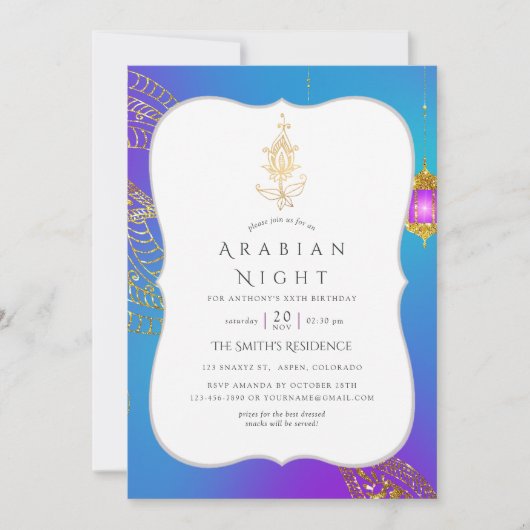 Goldene Foil Arabian Nights Themenabend Party Einladung (Vorderseite)