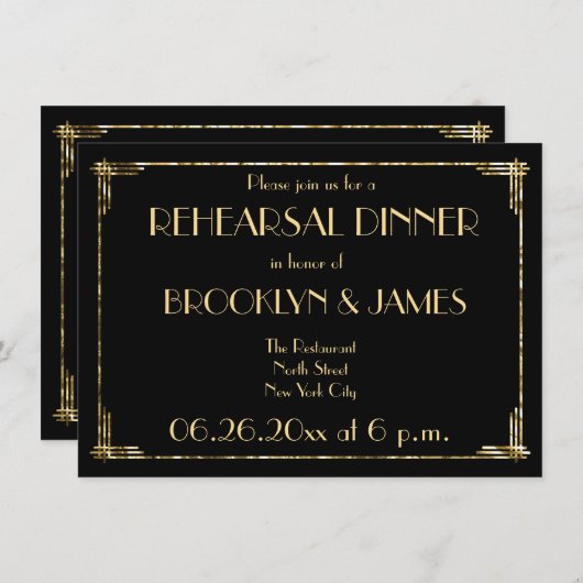 Goldene Foil Art Deco Hochzeit Probe lädt zum Verw Einladung (Vorne/Hinten)