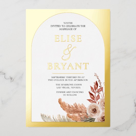 Goldene Foil Boho Blumen Moderne weiße Hochzeitsfo Folieneinladung (Vorderseite)