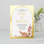 Goldene Foil Boho Blumen Moderne weiße Hochzeitsfo Folieneinladung (Stehend vorne)